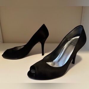 Stuart Weitzman Satin Black Peep Toe Heels